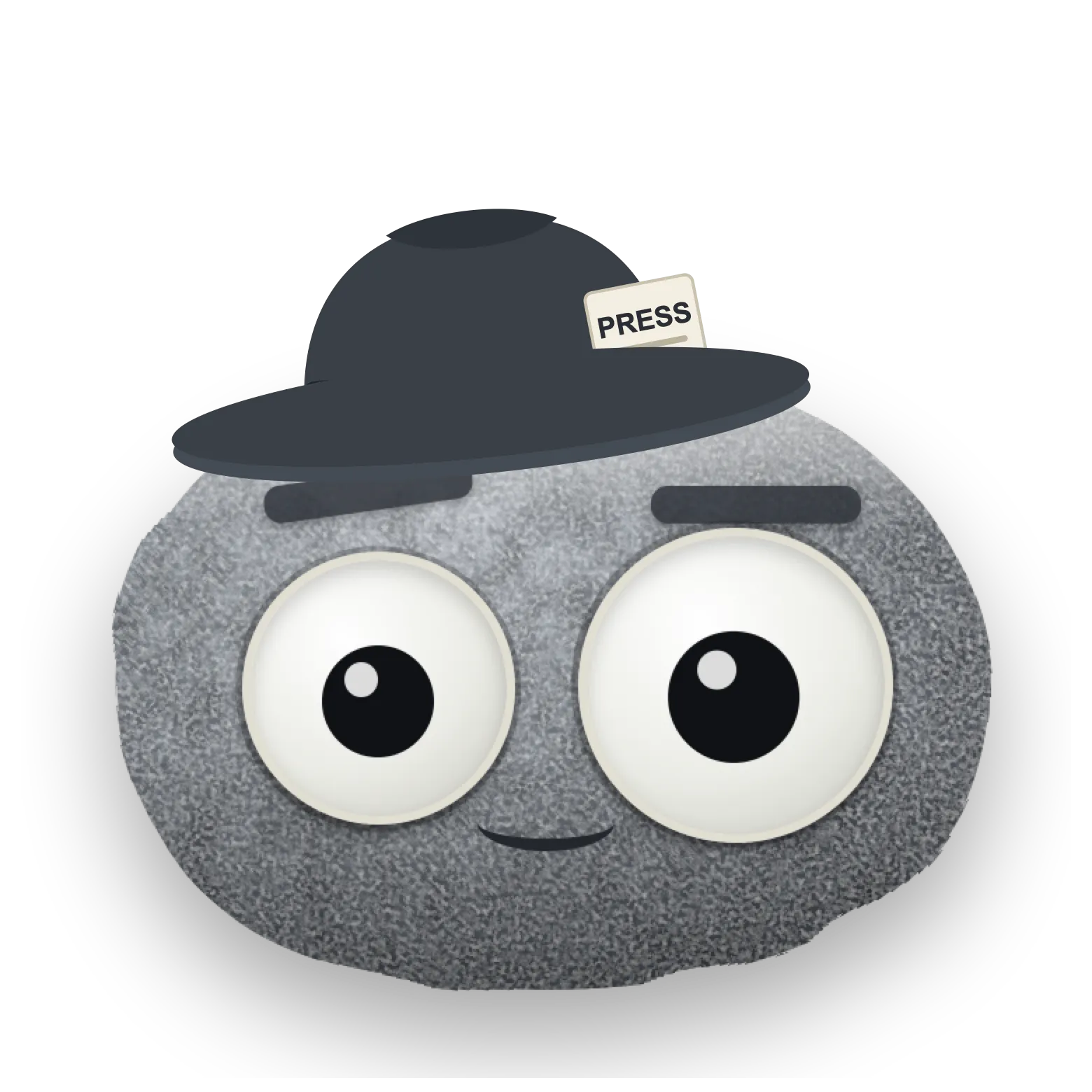 Journalist Weather Rock: the googly-eyed weather rock wearing a press hat with a PRESS card in the band.