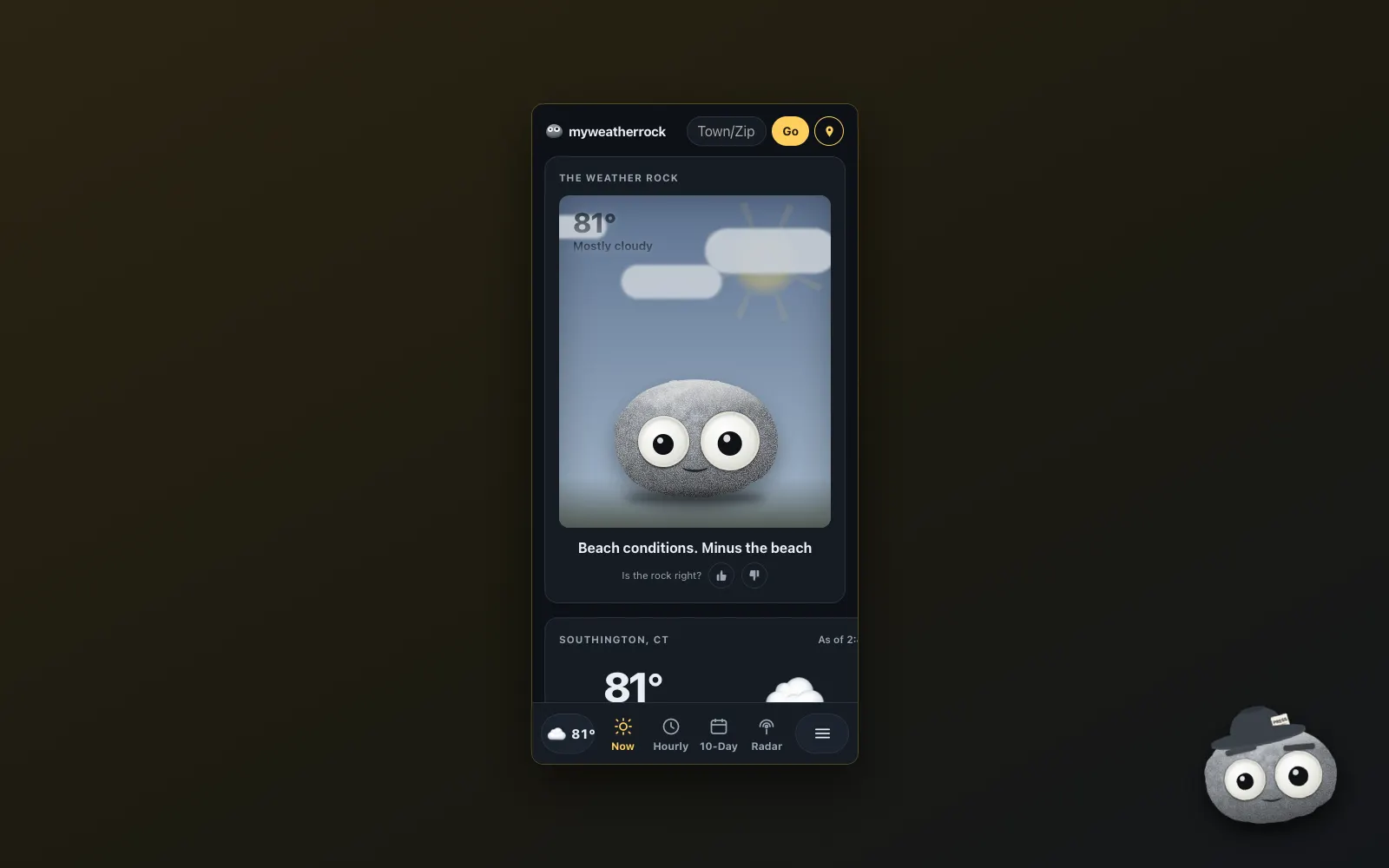 The myweatherrock forecast page on a phone screen, framed on a gold backdrop with the Journalist Weather Rock badge.