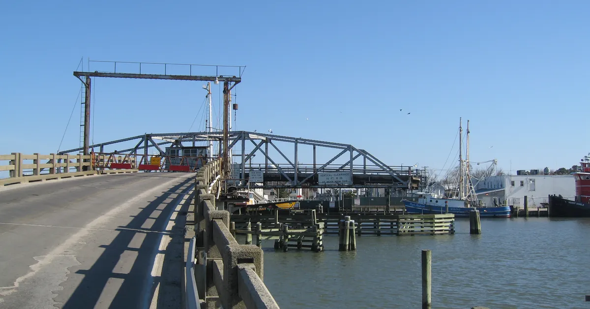 The Chincoteague Channel Swing Bridge on the causeway to Chincoteague Island, Virginia, photographed on 5 March 2009.