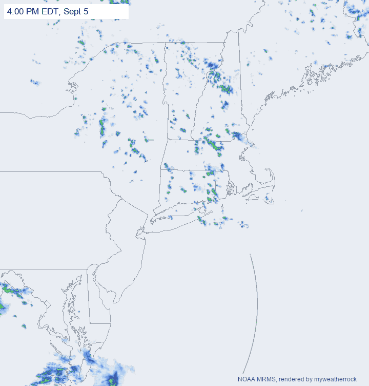 Radar loop over the Northeast, 4 PM September 5 to midnight, showers moving from north to south