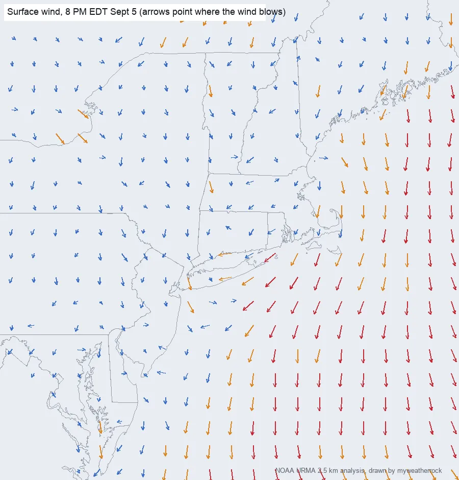 Surface wind field at 8 PM EDT September 5, arrows pointing where the wind blows