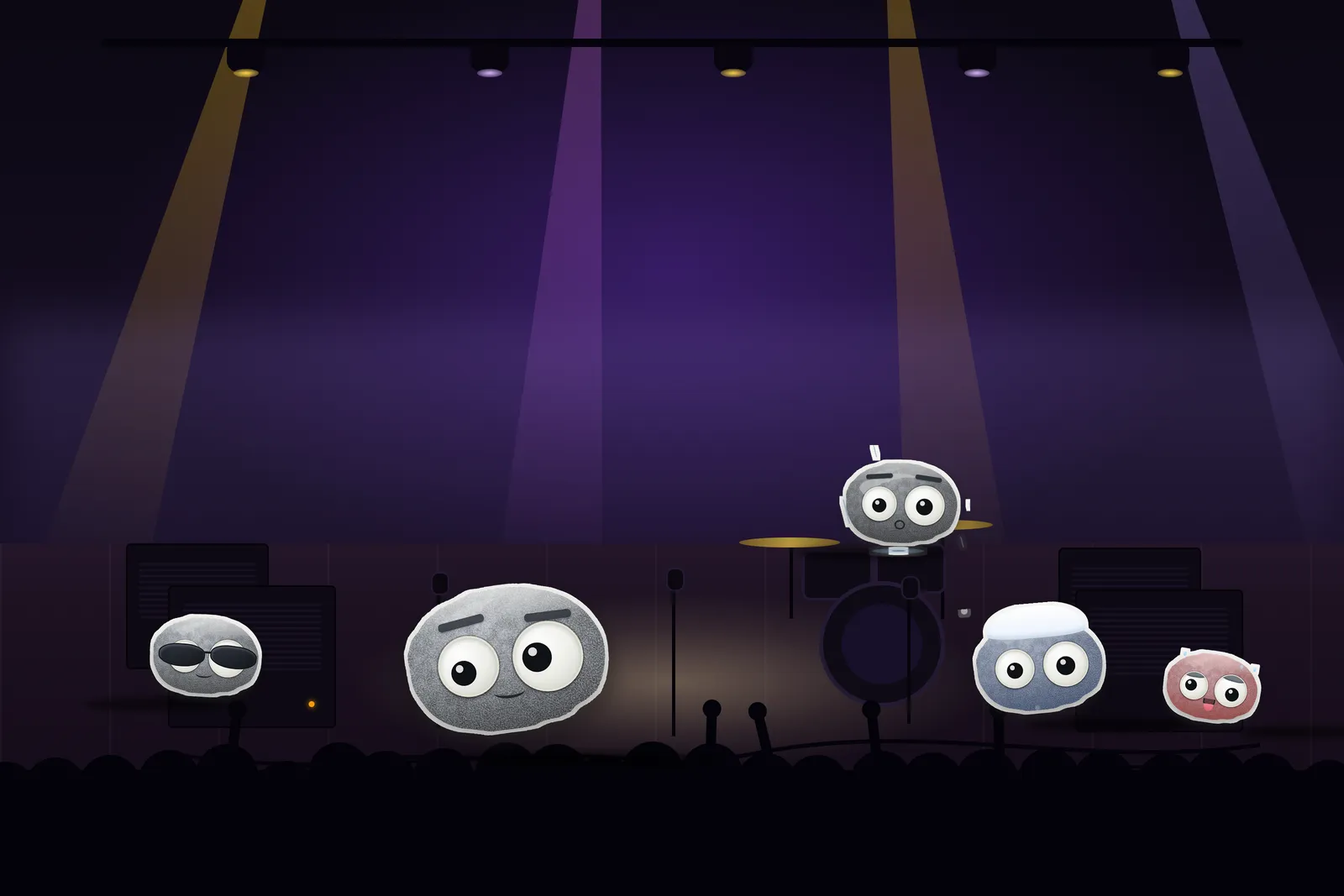 Five weather rocks crudely pasted onto a concert stage under purple lights: one in sunglasses by the amps, a large one at the center microphone, one peeking over the drum kit, one in a snow cap, and a small overheated pink one, all with visible white cutout edges.