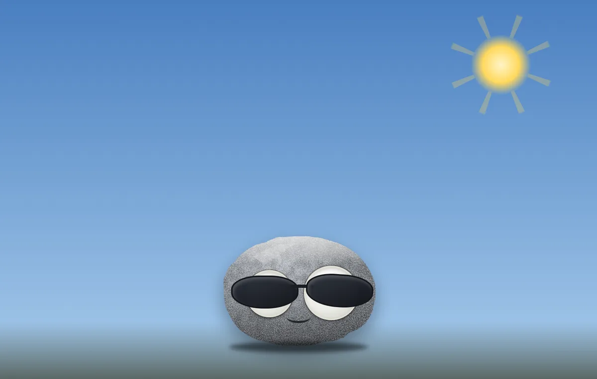 The weather rock in bright sunshine wearing sunglasses under a clear blue sky.
