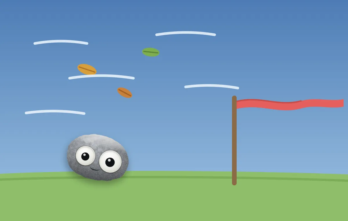 The weather rock watching a ribbon on a stick stream sideways in the wind, with leaves flying past in the very same direction.