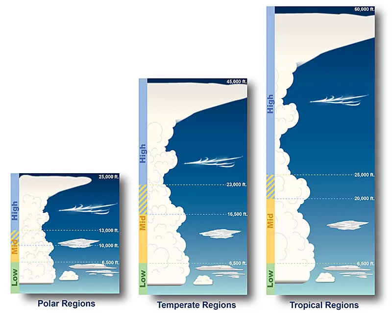 Diagram of cloud types arranged by altitude bands: high cirrus family, middle alto family, and low clouds.