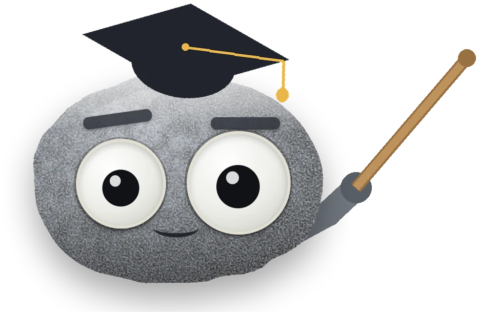 Professor Weather Rock in a graduation cap, pointing upward with a wooden pointer.